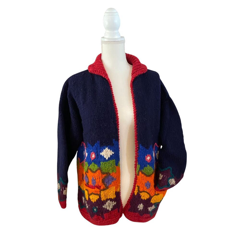 Colorful Hand Knit Wool Cardigan Sweater Women’s Size Large w/ Pockets
